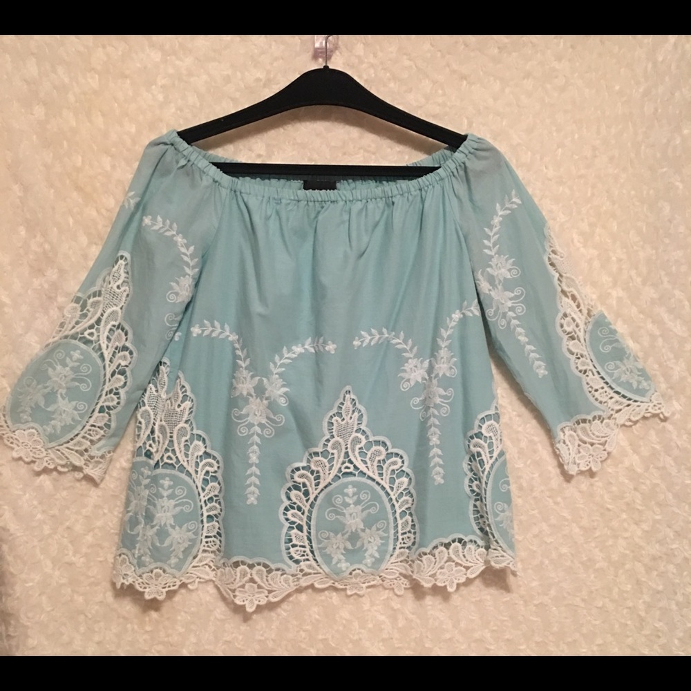 CYNTHIA ROWLEY TIFFANY BLUE LACE TOP - Picture 3 of 9